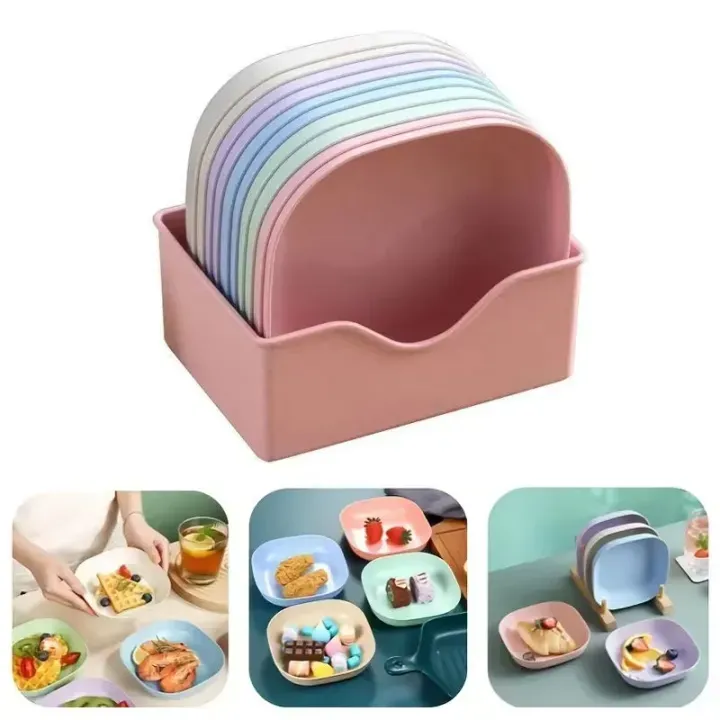 10Pcs Square Plastic Food Plate Set with Storage Stand Multipurpose Reusable Dinner Plates for Home, Kitchen & Outdoor Use